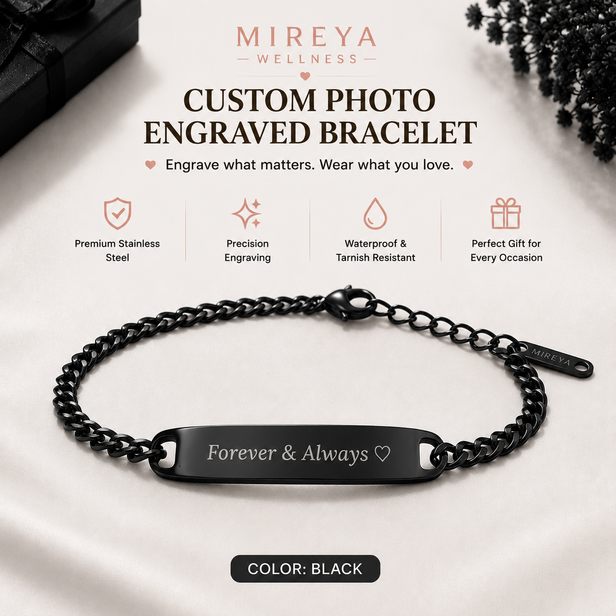 MIREYA Custom Engraved Photo Bracelet – Personalized Name & Picture Jewelry Gift