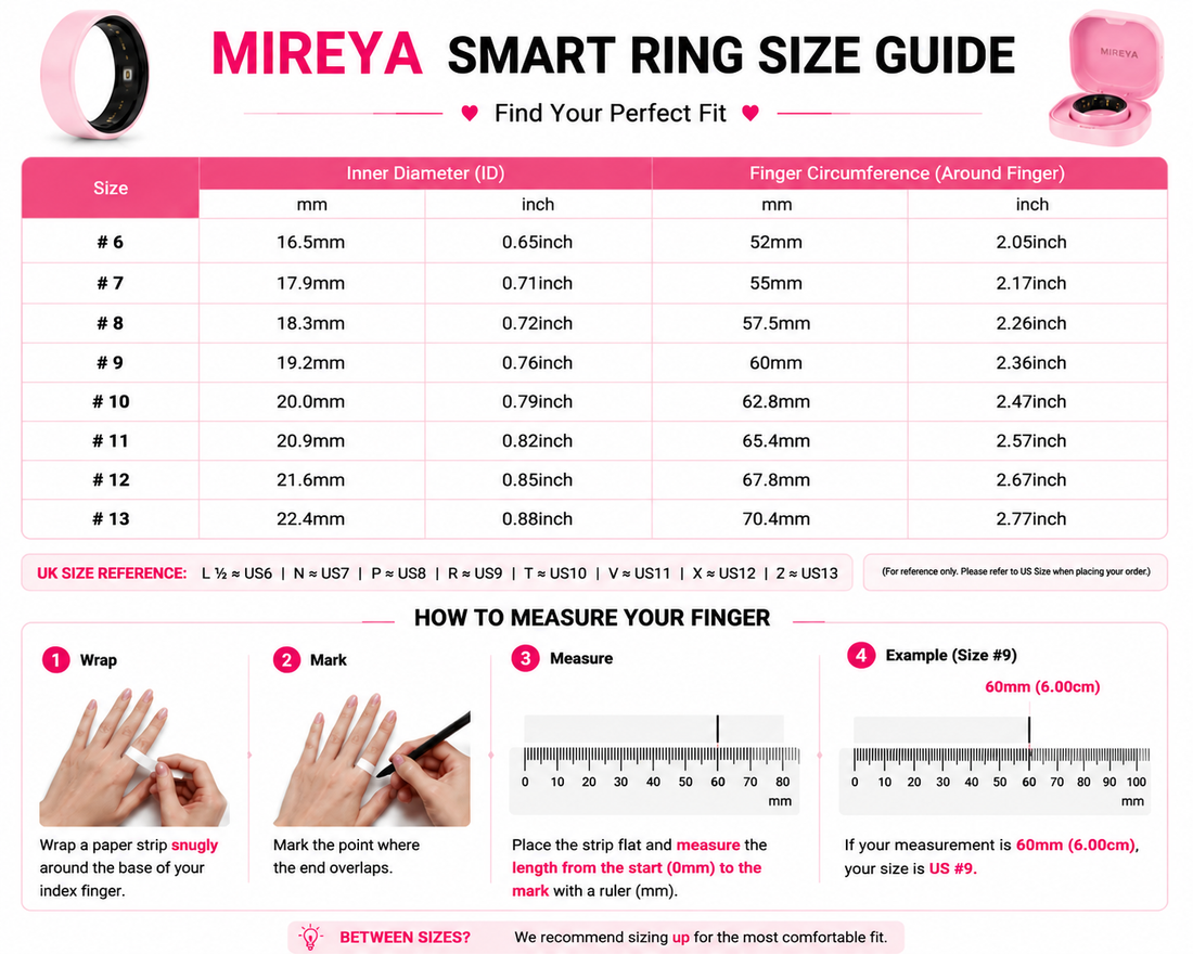 Smart ring size chart #6 to #13 with measurement guide and finger sizing instructions.