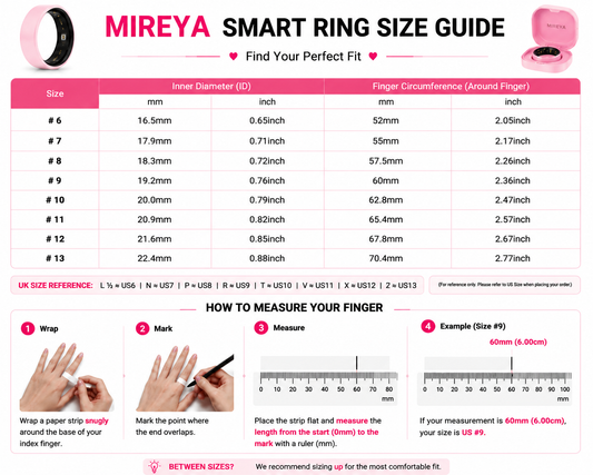 Smart ring size chart #6 to #13 with measurement guide and finger sizing instructions.