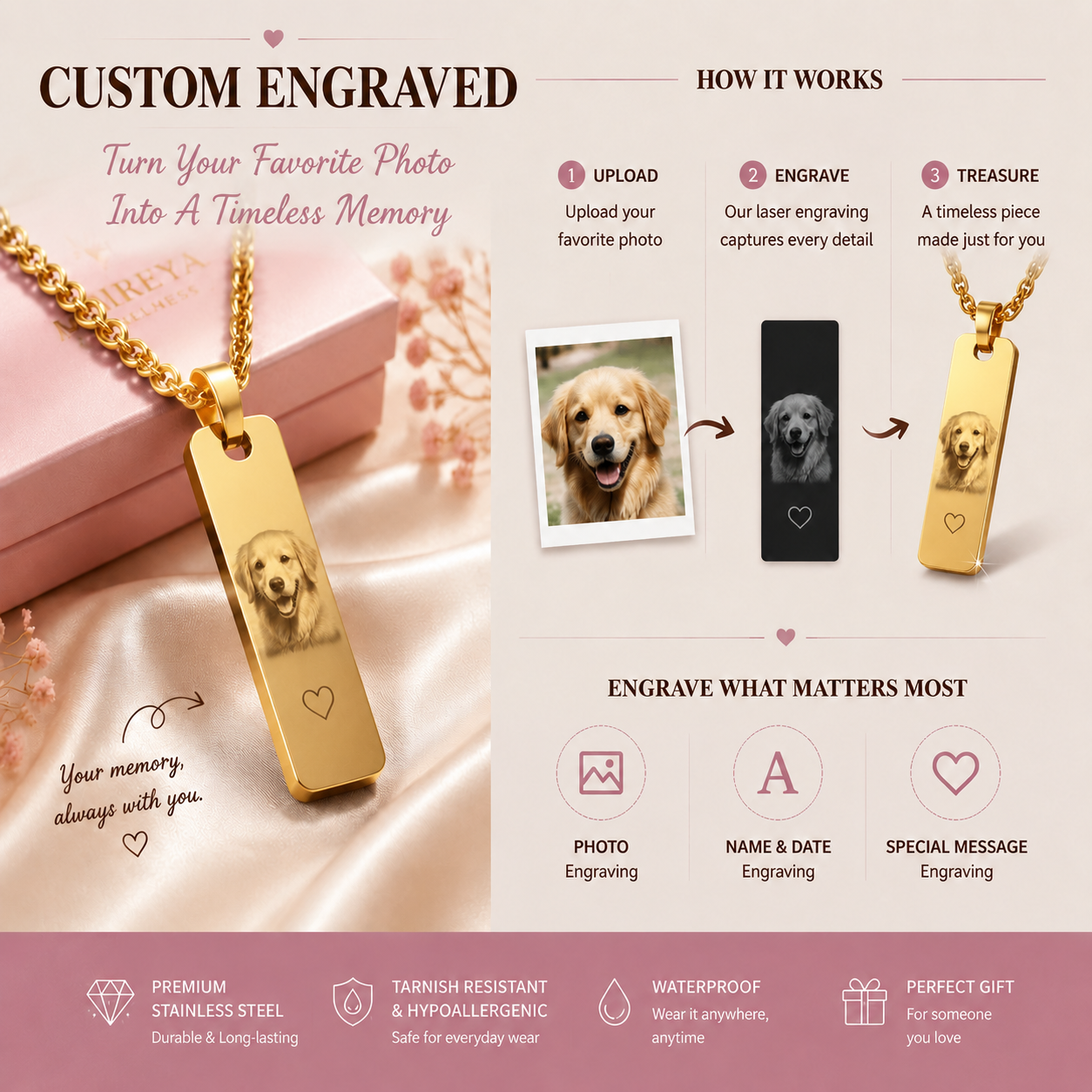 MIREYA Custom Photo Engraved Necklace – Personalized Memory Pendant with Name & Message
