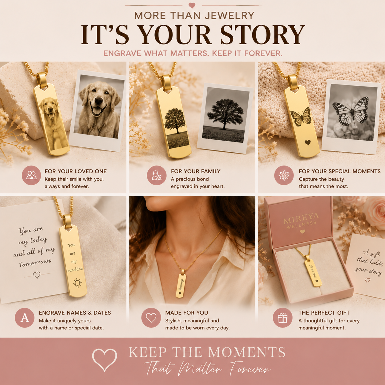 MIREYA Custom Photo Engraved Necklace – Personalized Memory Pendant with Name & Message