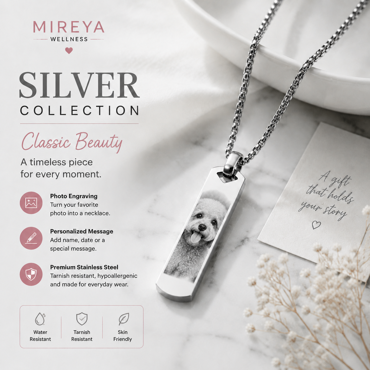 MIREYA Custom Photo Engraved Necklace – Personalized Memory Pendant with Name & Message