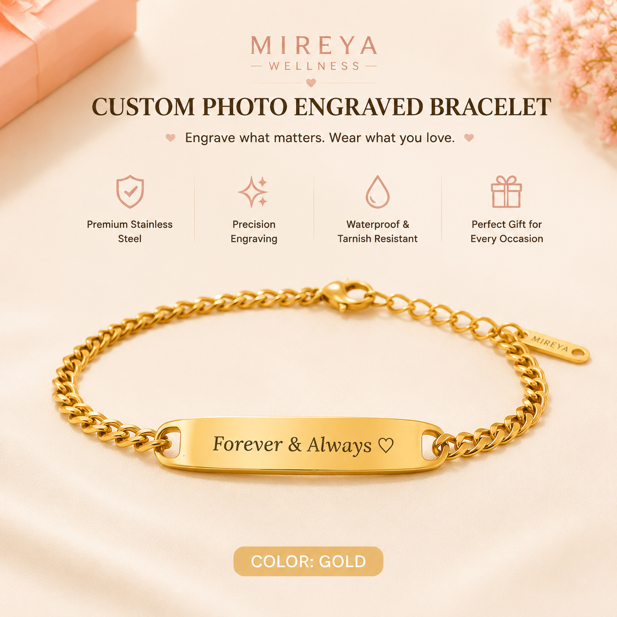 MIREYA Custom Engraved Photo Bracelet – Personalized Name & Picture Jewelry Gift