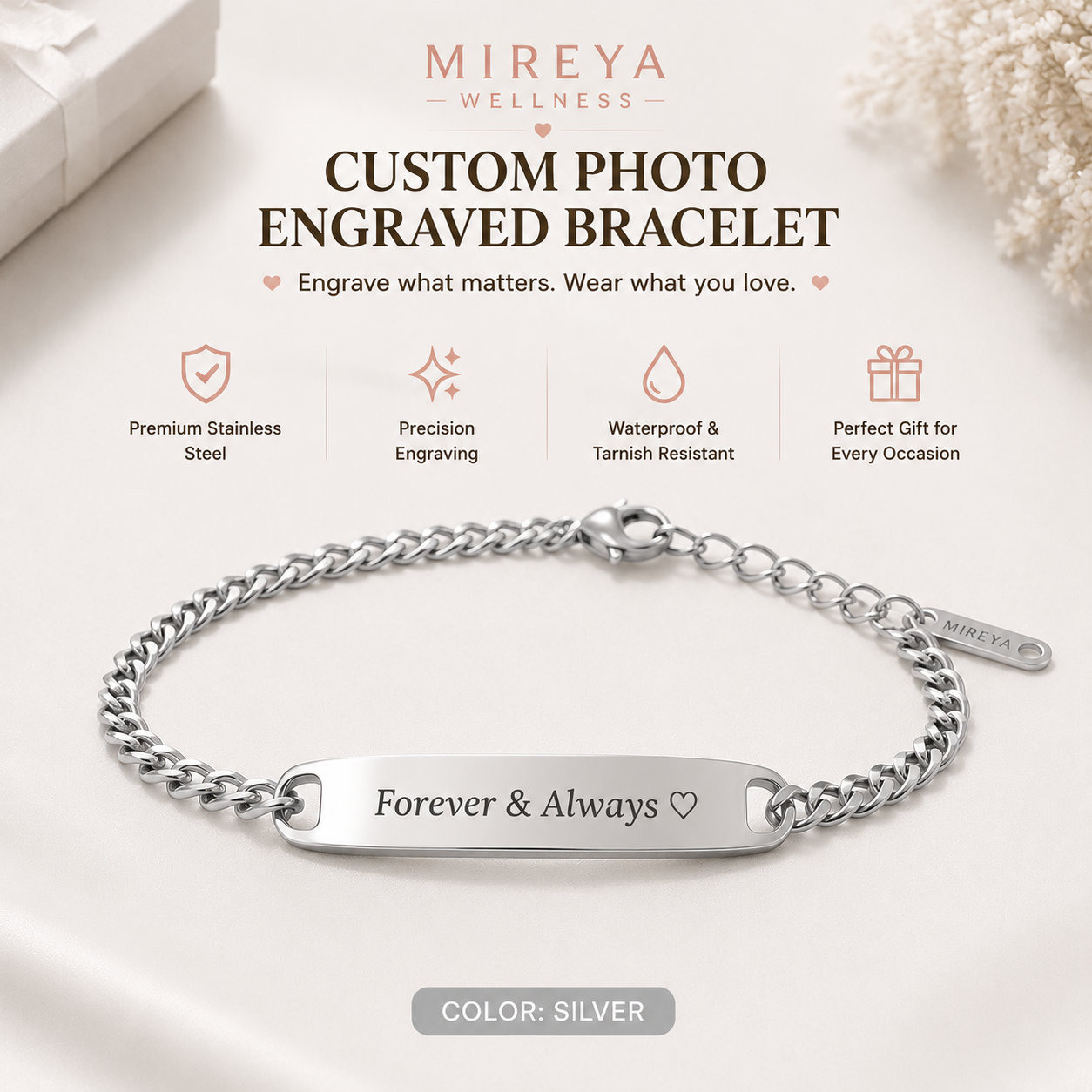 MIREYA Custom Engraved Photo Bracelet – Personalized Name & Picture Jewelry Gift